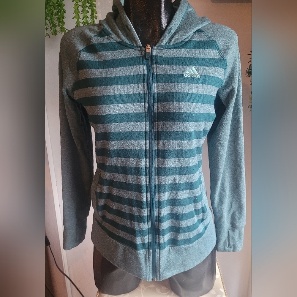 Adidas Green Striped Zip Up Hoodie Size S